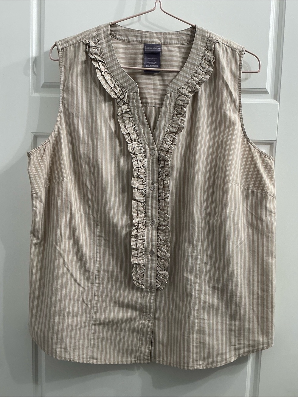 Laura Scott Sleeveless Striped Ruffle-Trim Button Front Top - Beige & White